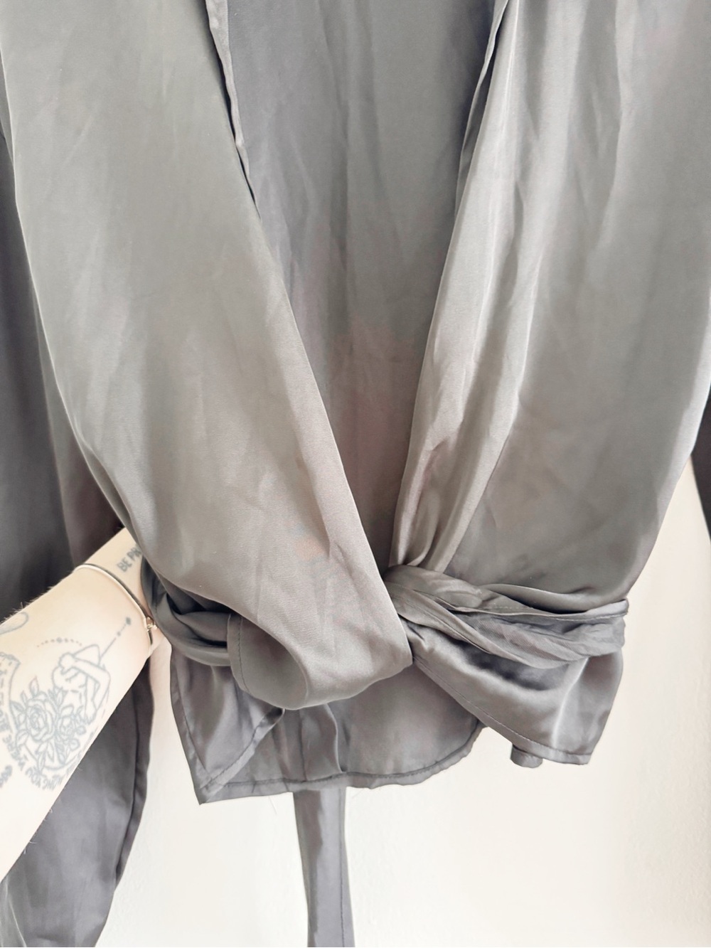 Mable Black Satin Like Tie-Front Top Medium - Picture 2 of 4